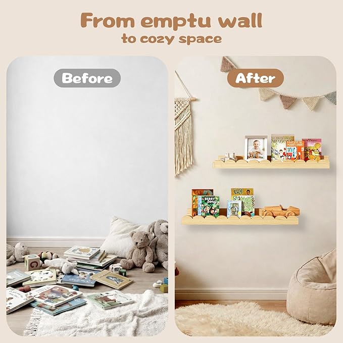 Nursery Floating Shelves for Kids Room, 4 Pack 15.7 Inch Natural Wood Wall