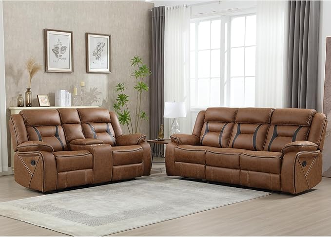 EBELLO Manual Recliner Sofa Set, Faux Leather Reclining Living Room Furniture
