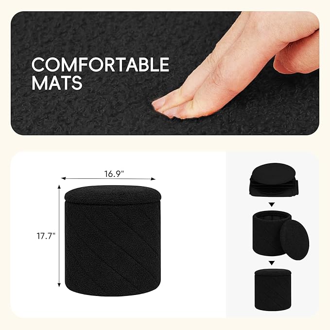 PINPLUS Ottoman with Stroage Round Boucle Ottoman and Tray Sherpa Removable