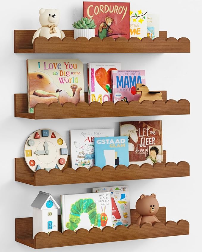 Harwaya Walnut Nursery Book Shelves Wall Set of 4, Dark Wood Scalloped Floating
