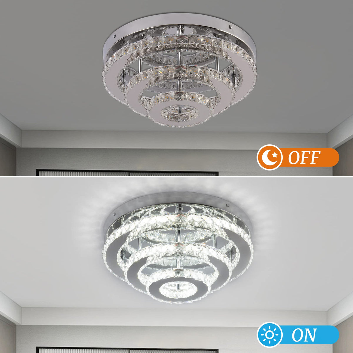 YPQXYHDA Modern Crystal Chandelier LED 3 Tier Crystal Ceiling Lights Flush Mount Round Chandeliers for Bedrooms Dining Room Living Room,Dia 13.8",Cool White,42 W