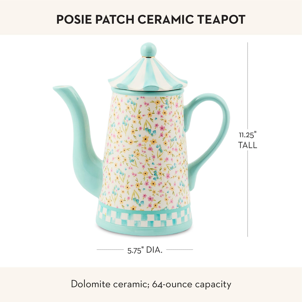 MACKENZIE-CHILDS Ceramic Teapot, Cute Teapot with Lid, 64-Ounce Capacity, Posie Patch