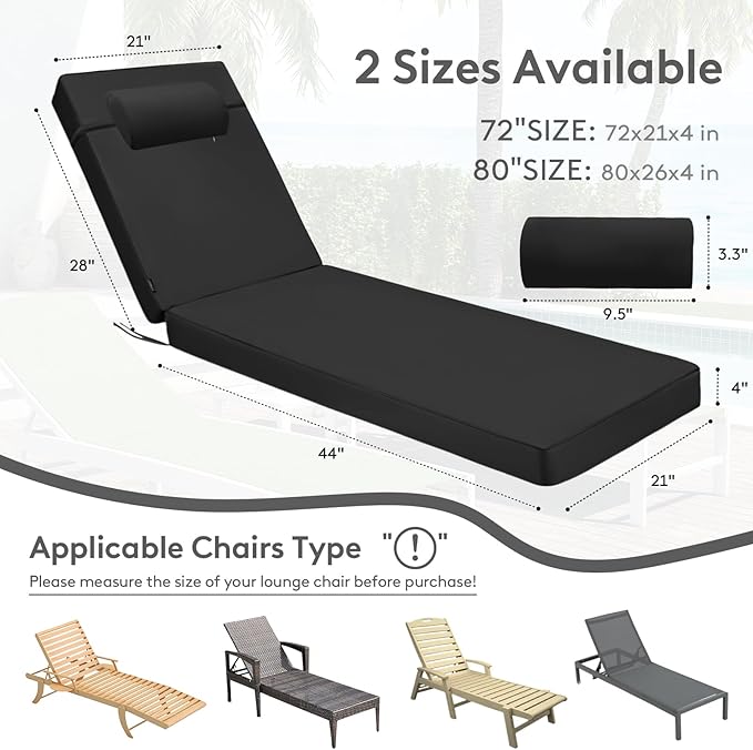 Chaise Lounge Cushion for Outdoor Furniture, Waterproof, Fade-Resistant and
