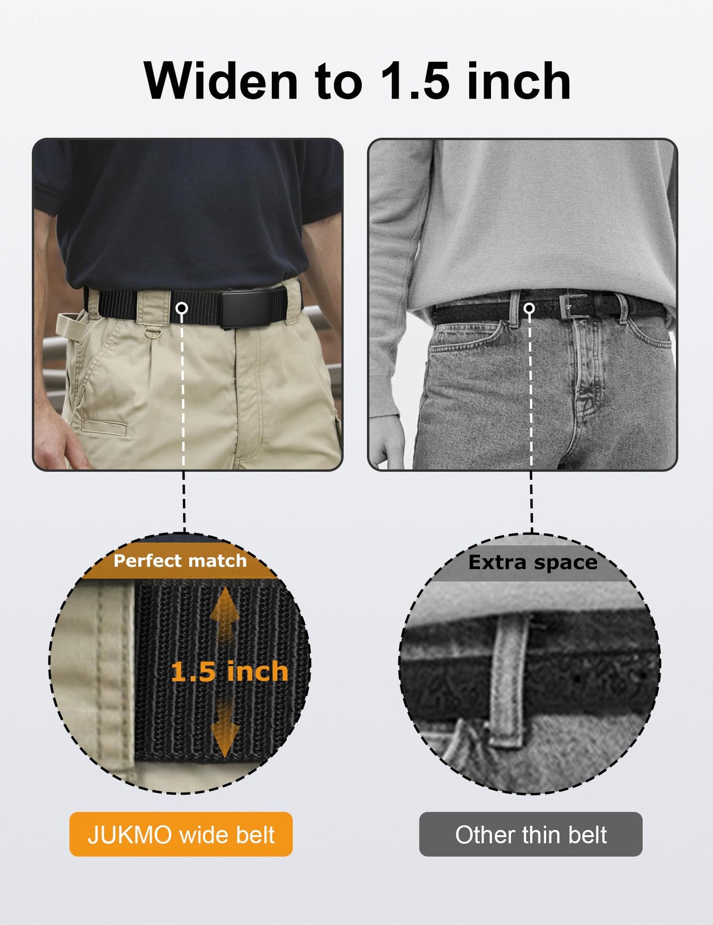 JUKMO Men's 1.5" Nylon Ratchet Belt, Casual Web Click Tactical Belt with Slide Buckle for Jeans, No Holes Adjustable Trim to Fit(Black,Large)
