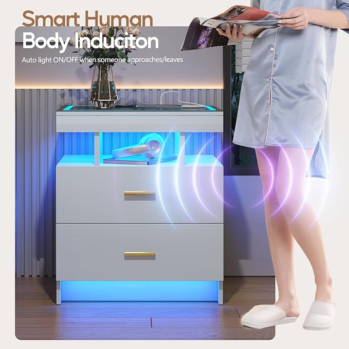 LED Nightstand Set 2 with Wireless Charging Station, Glass Top Smart Bedside