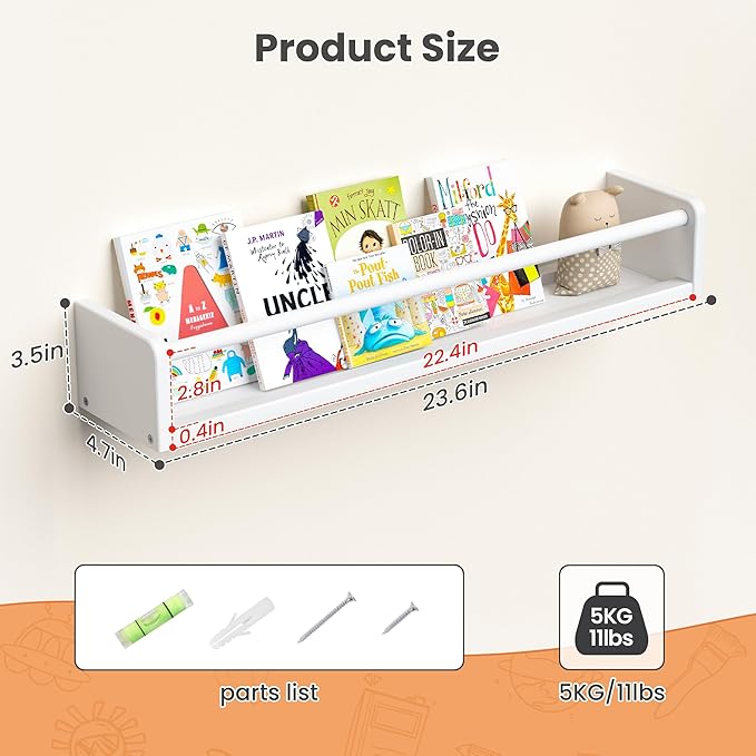upsimples 2 Pack Nursery Book Shelves, 23.6 Inch Floating Bookshelves