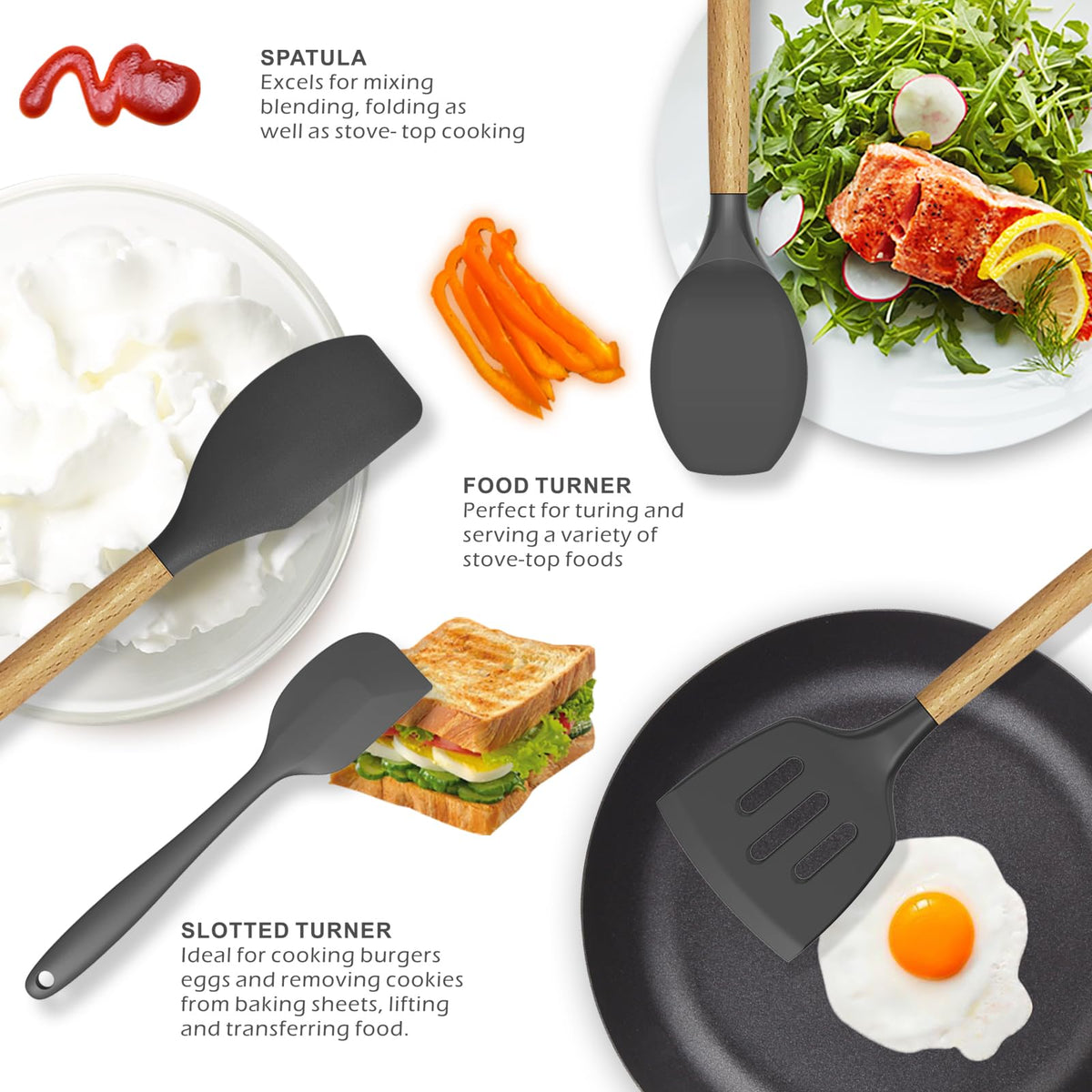 oannao Silicone Cooking Utensils Kitchen Utensil Set - 446°F Heat Resistant Silicone Kitchen Utensils Set, Spatula,Turner Tongs, Spoon, Whisk,Kitchen Gadgets for Nonstick Cookware, BPA Free (Gray)