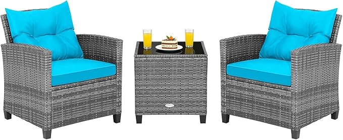 COSTWAY 3PCS Patio Furniture Set, PE Rattan Wicker Sofa w/Washable Cushion and