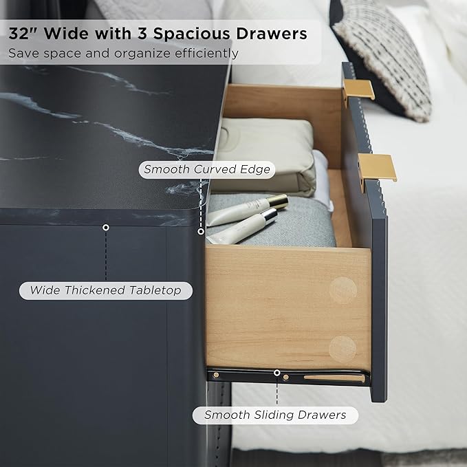 T4TREAM Fluted 3 Drawers Nightstand, Oversized Extra Large Modern Side Table