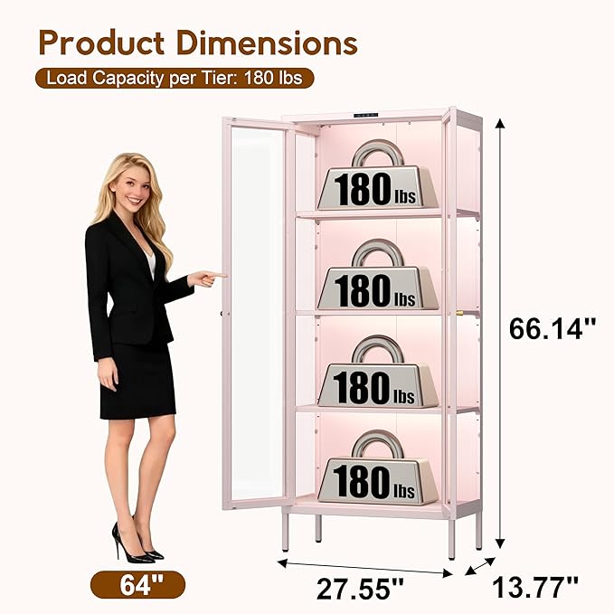 UNICOLY Display Cabinet with Glass Doors, Glass Display Cabinet with 8 Color