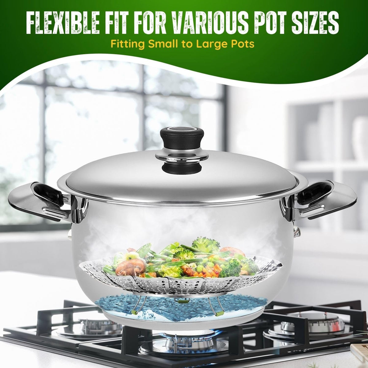 Flexzion Vegetable Steamer Basket for Pot - Stainless Steel Steaming Basket for Veggie, Fish, Meats, Eggs - Extendable Expandable Foldable Steam Basket w/Handle for Various Pot Size, 7 to 11 Inch