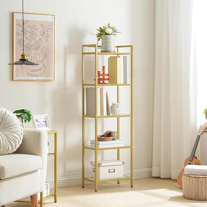 HOOBRO 5-Tier Gold Shelf, Narrow Book Shelf, Display Cabinet