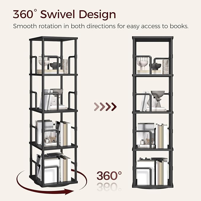 MAHANCRIS 4-Tier Rotating Bookshelf, Freestanding Corner Bookshelf, 360°