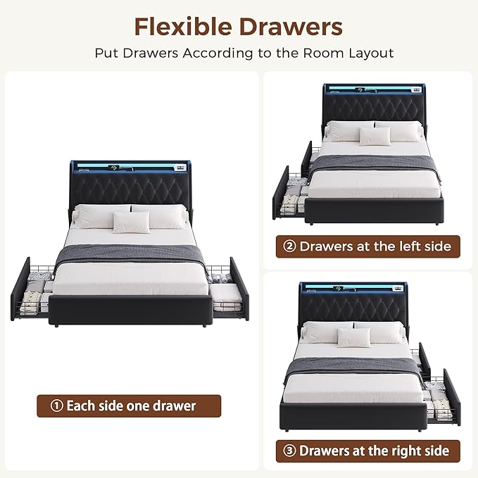 Full LED Velvet Bed Frame with 2 Storage Drawers&Hidden Headboard, Upholstered