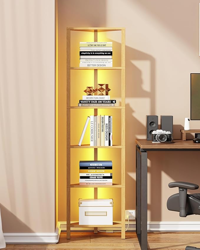 TUTOTAK Corner Shelf with LED Light, 6-Tier Corner Bookshelf