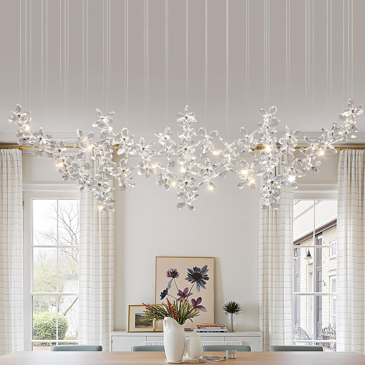 HAILUNBAO Rectangle Modern Dining Room Chandelier Kitchen Island K9 Crystal Raindrop Chandelier Sliver Linear Flower Chandelier for Dining Room Rain Drop Bling Lamps Kitchen Chandeliers Over Island