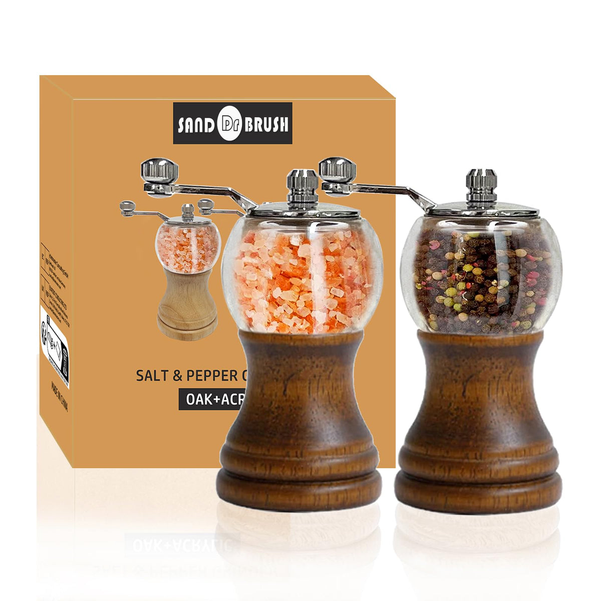 Pepper Mills Set Manual Pepper Grinder Set Classic Hand Shake American style 2pcs-5in, EP Acrylic Ceramic Core Grinding with Adjustable Coarse Mill, Fresh Ground Pepper Sea Salts Spices