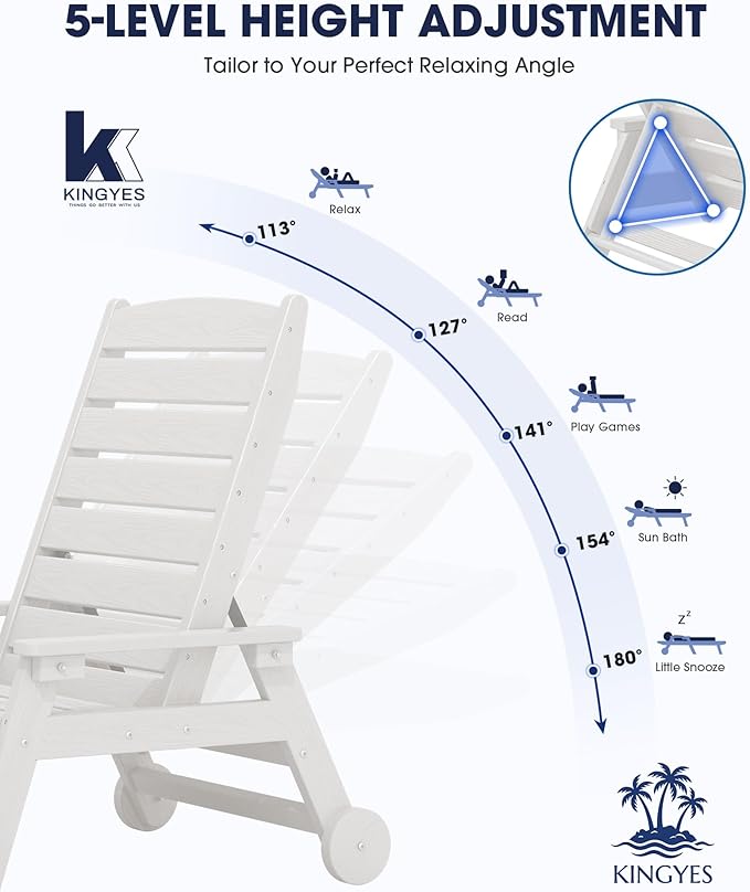 KINGYES HDPE Lounge Chair Outdoor Set of 4, Patio Chaise Lounge Recliner