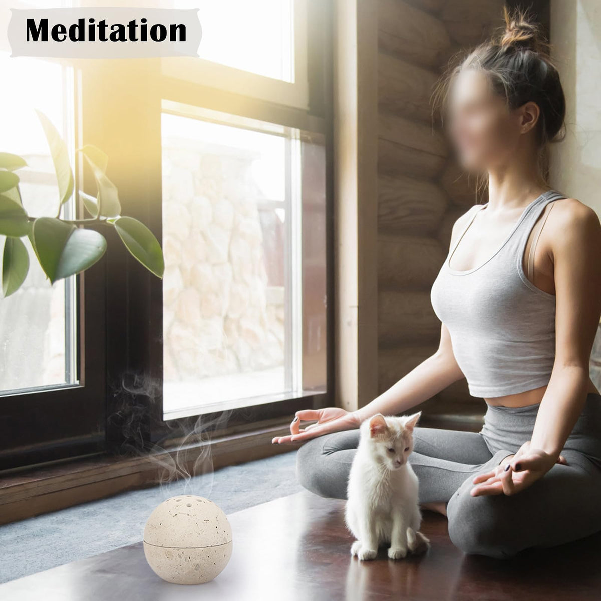ELLDOO Natural Travertine Incense Cone Holder, Home Decor Handmade Ball Shape Incense Burner for Yoga Meditation SPA Reading, Beige