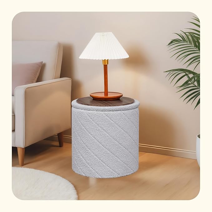 PINPLUS Ottoman with Stroage Round Boucle Ottoman and Tray Sherpa Removable