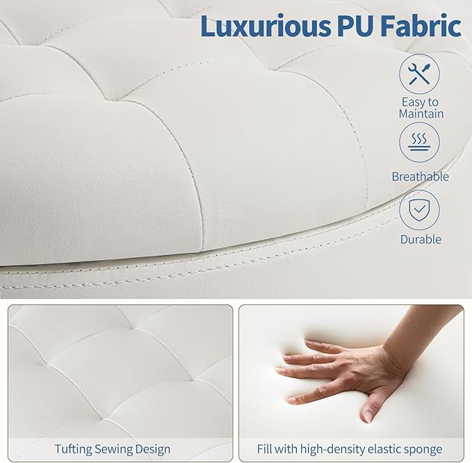 Furniliving Upholstered Button Tufted Round Ottoman, PU Storage Ottoman Round
