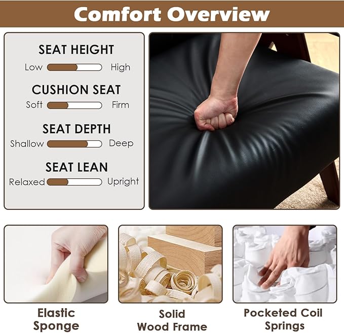 STHOUYN Black Leather Accent Chairs Set of 2, Mid Century Modern Accent Chair