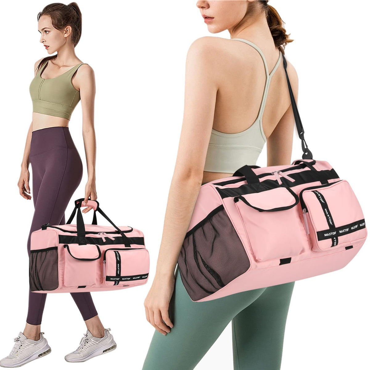 MAXTOP Gym Bag for Women Travel Duffle Carry On Tote Weekender Bag Large Capacity Pink Overnight Bag With Shoe Compartment Gym Tote with Dry and Wet Separation