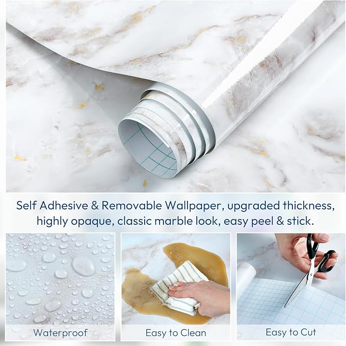 rabbitgoo Glossy Marble Contact Paper Peel and Stick Wallpaper 17.5" X 118.1"