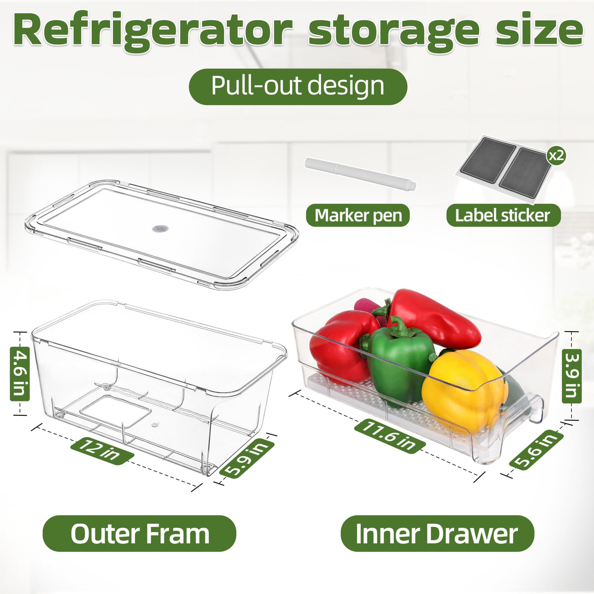 Large Fridge Organizer Drawers, 4 Pack Clear Pull-Out Refrigerator Organizer Bins, Stackable Fruit and Vegetable Storage Containers for Kitchen, Refrigerator, Pantry