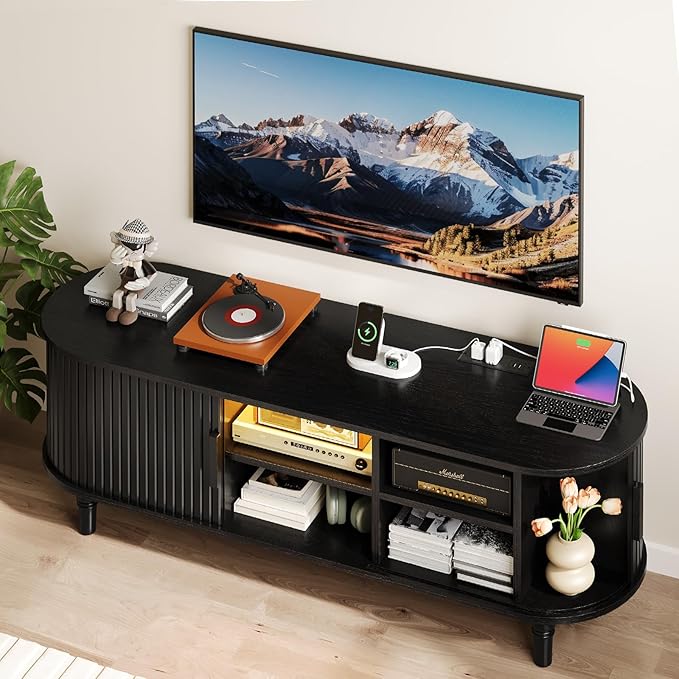 TV Console with Power Outlet-55" Entertainment Center with Sliding Tambour Door