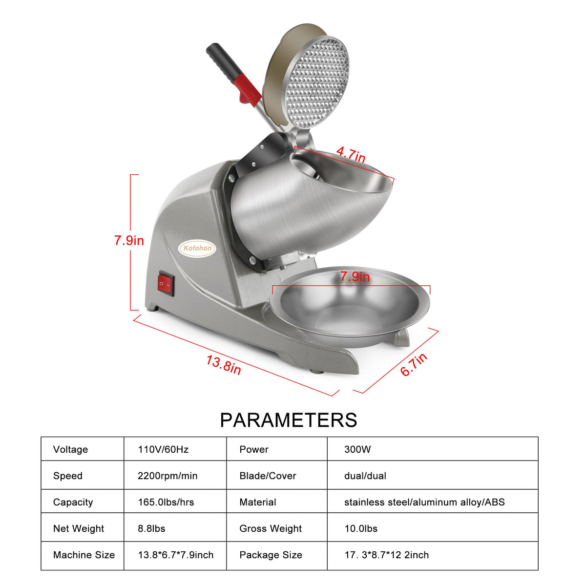 KOFOHON Electric Ice Shaver, Shaved Ice Machine, Especially for Home Use Ice Crusher, Dual Stainless Steel Shaving Blades, Double Covers,176lbs per hour,300W/1440rpm,Upgraded Version.