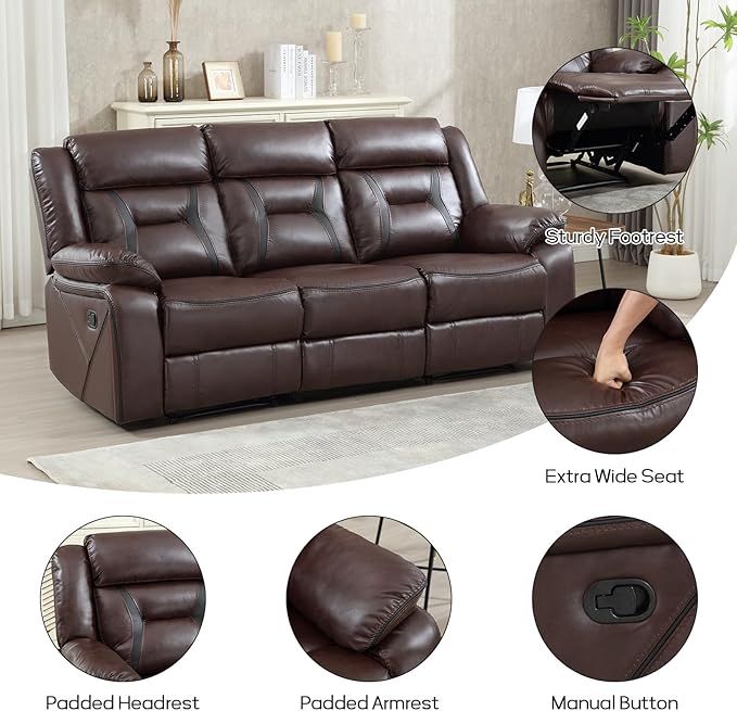 EBELLO Faux Leather Manual Reclining Sofa, 3 Seat Recliner Sofa Chair, Couch