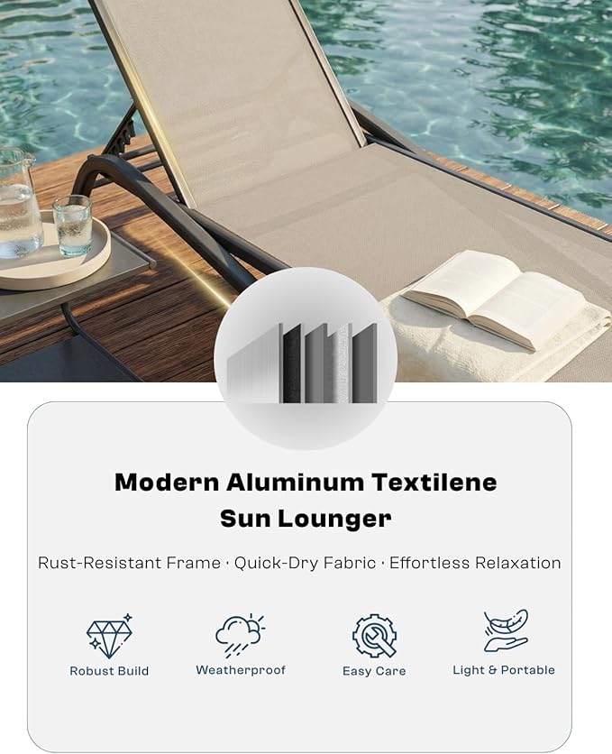 Set of 2 Patio Chaise Lounge Chairs, All-Weather Aluminum Pool Loungers