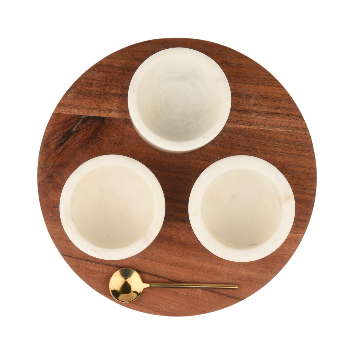 Cruiser’s Caché 3 Piece White Marble Salt and Spice Cellar or Dipping Bowls with Wood Tray and Gold Spoons