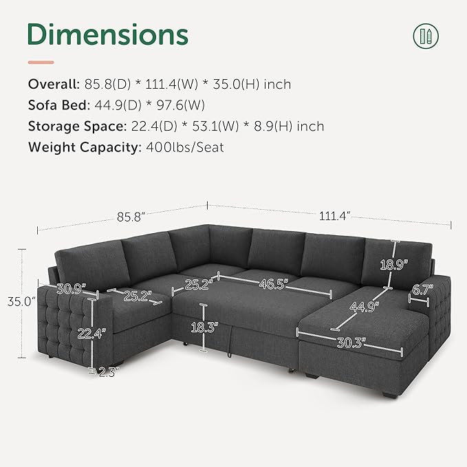 HONBAY Sectional Couch with Pull Out Bed, U-Shaped Sectional Sleeper Sofa with