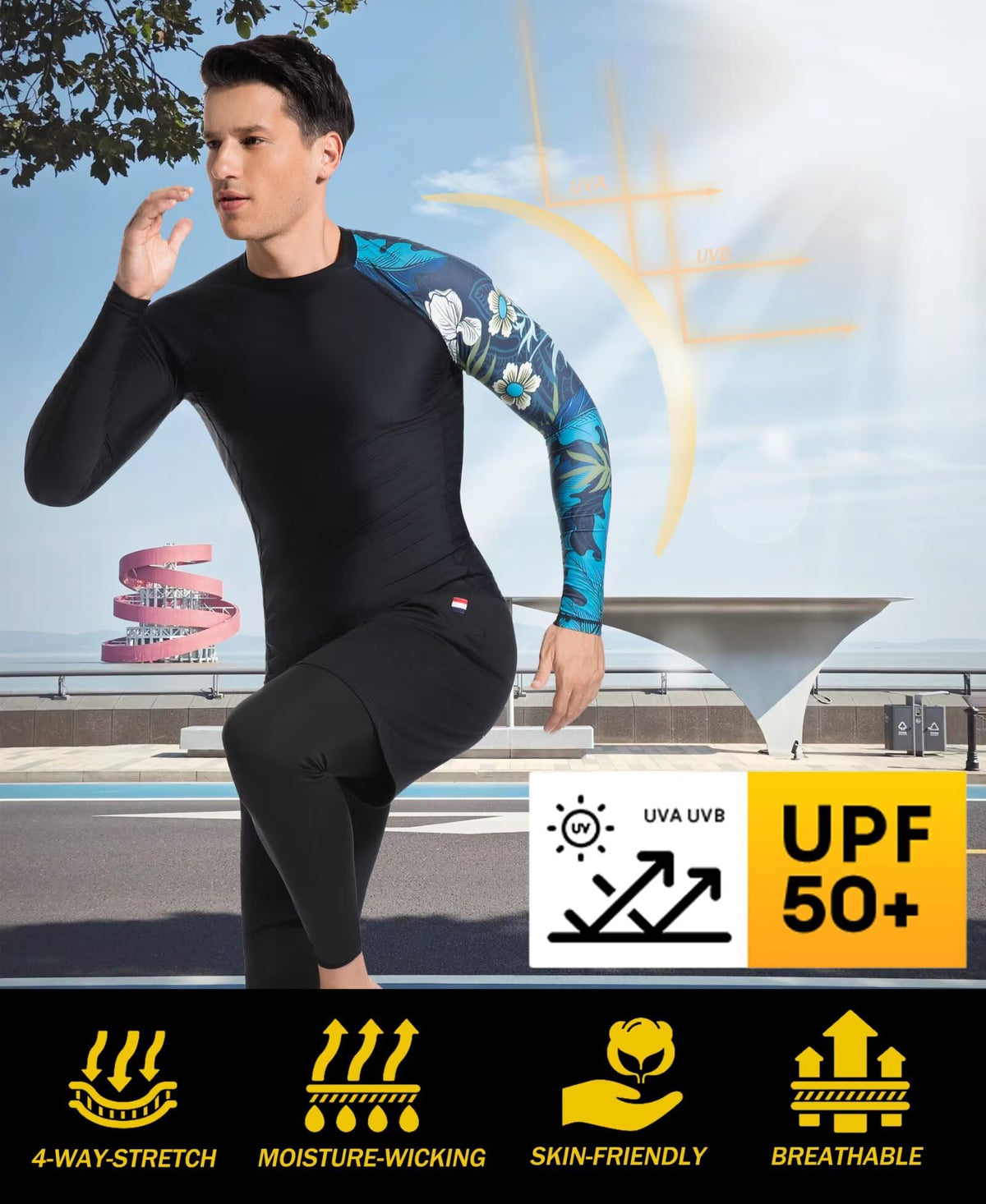 USKOY Men's Rash Guard Long Sleeve UPF 50+ Base Layer Skins Compression Shirt Performance Fit Black Orange X-Large