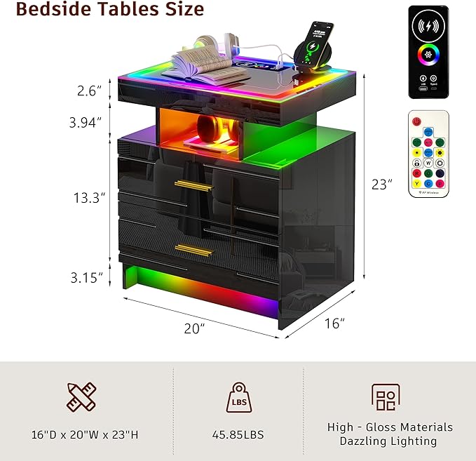 WOOVIVS Nightstand with 24 Colorful Lighst, LED Night Stand with