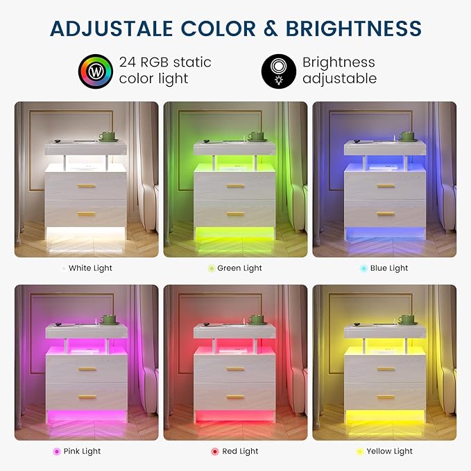 HNEBC Nightstand Set of 2 with Charging Station, Auto LED Night Stand with