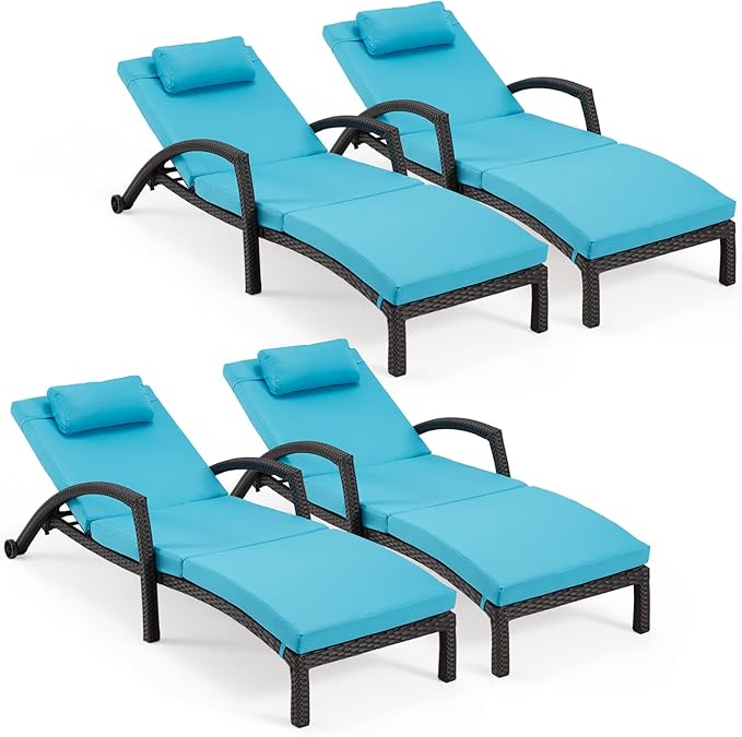 HOMREST Chaise Lounge Chairs Set of 4, PE Rattan Wicker Lounge Chair