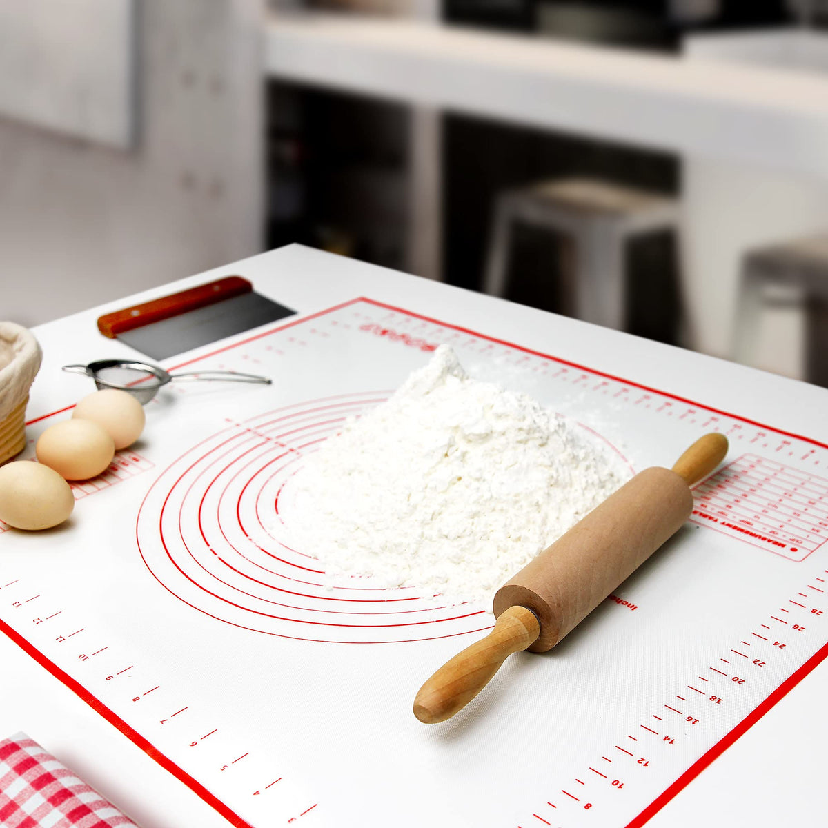 SiliQueen Silicone Pastry Baking Mat with Measurements Extra a Brush and a Dough Scraper- 27.5” x 20” Heat Resistant, BPA Free, Non-Stick Non-Slip Pastry Mat for Rolling Dough, Easy to Clean, Red