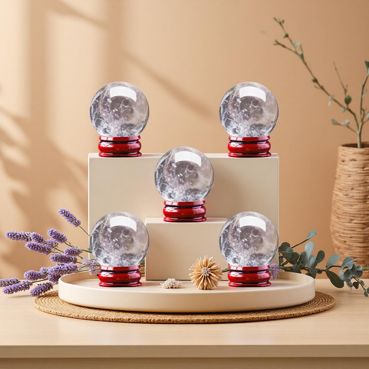 DUKIZA Natural Clear Quartz Crystal Sphere with Stand，5PC Real Crystals Ball, Clear Quartz Small Ball Decor (Clear Quartz Ball)