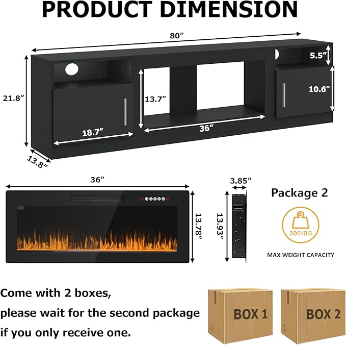 PRETZI Fireplace TV Stand with 36" Fireplace Up to 90" TVs, Remote Control