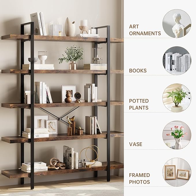 OtterOasis Bookshelf Set of 2, Heavy Duty 5-Tier Industrial Bookcase, 120lbs
