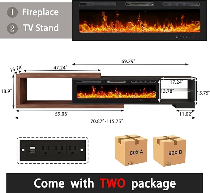 Extendable TV Stand with 50" Electric Fireplace, Modern LED Entertainment