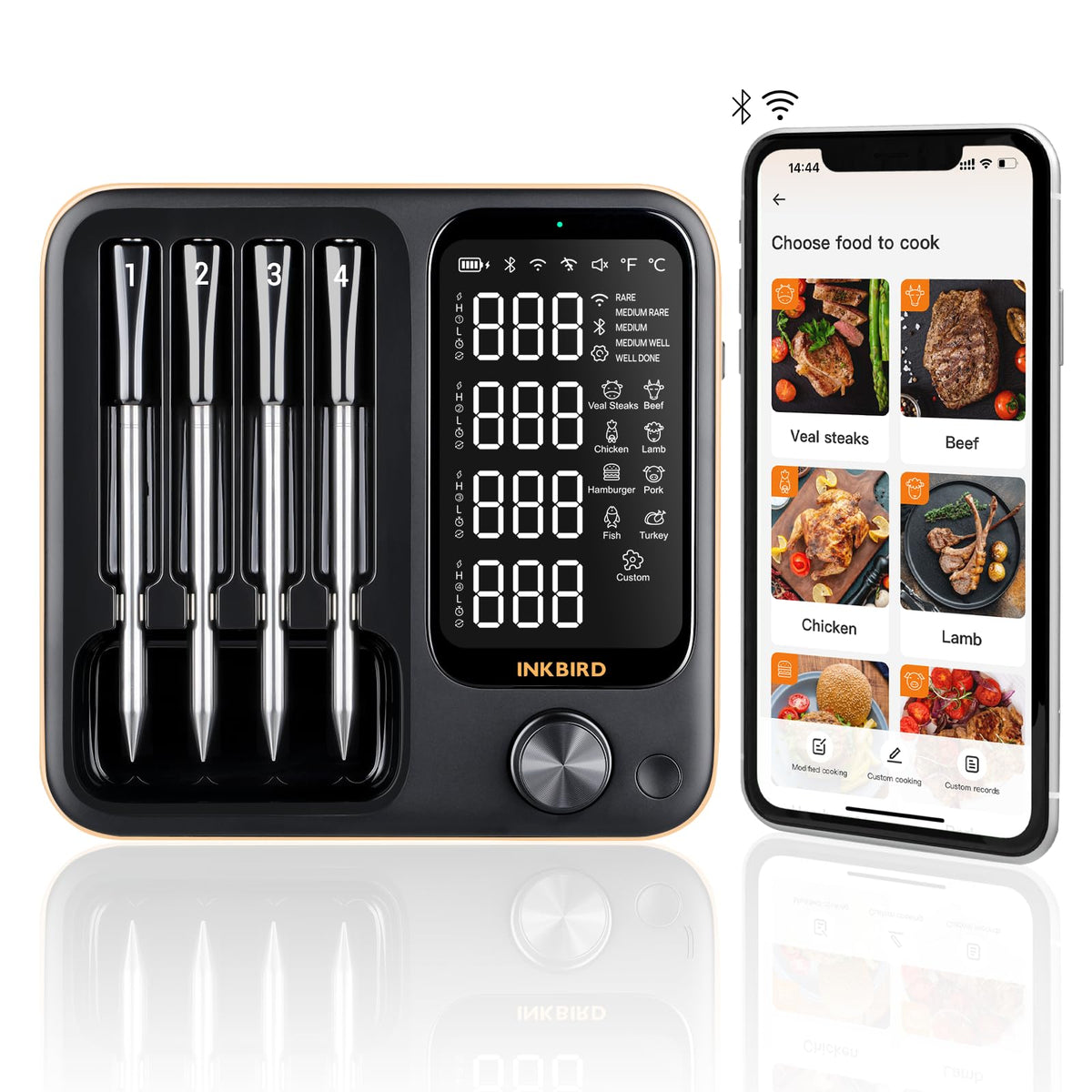 Wireless Meat Thermometer with 4 Probes, INKBIRD WiFi Meat Thermometer Digital Wireless for Rotisserie Grill Oven,Unlimited Range Dishwasher Waterproof Bluetooth Thermometer for iOS & Android
