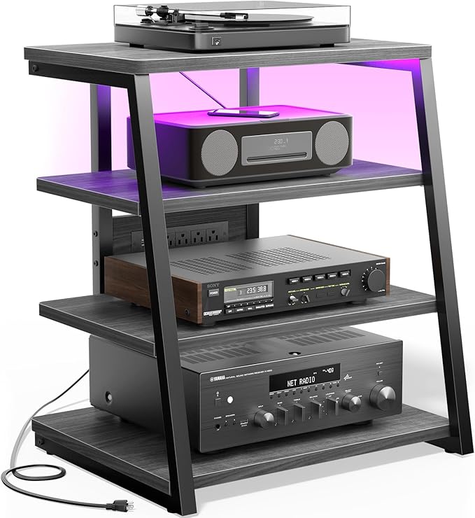 Besiost AV Media Stand with Outlets, Media Console with LED Lights, Stereo
