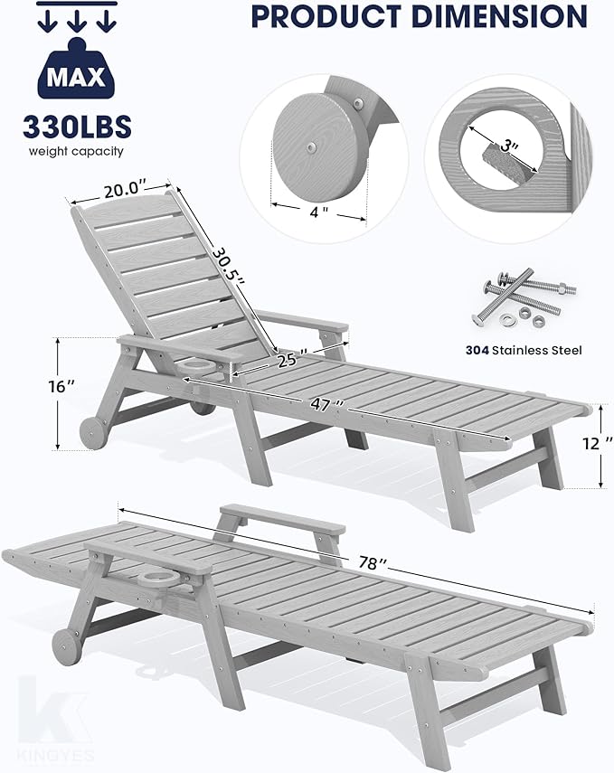 KINGYES HDPE Lounge Chair Outdoor Set of 4, Patio Chaise Lounge Recliner