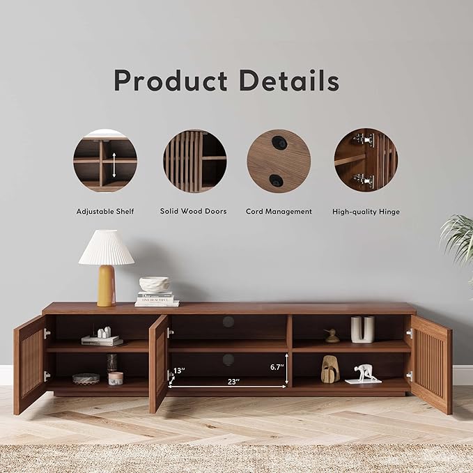 POVISON Full Assembled Mid Century Modern TV Stand, Wood Slatted Media Console