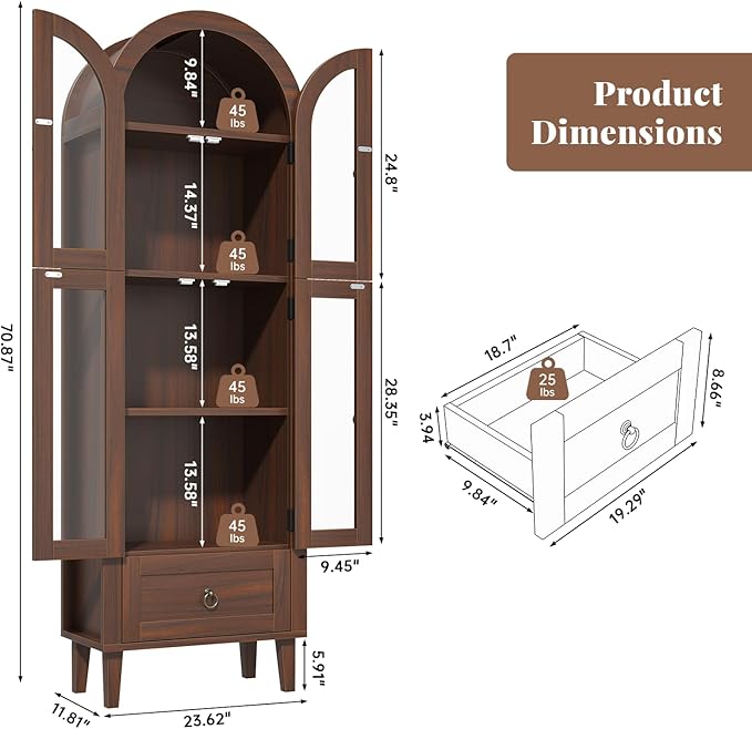 71" Tall Arched Cabinet with Acrylic Door, Modern Curio Arched Bookcase with