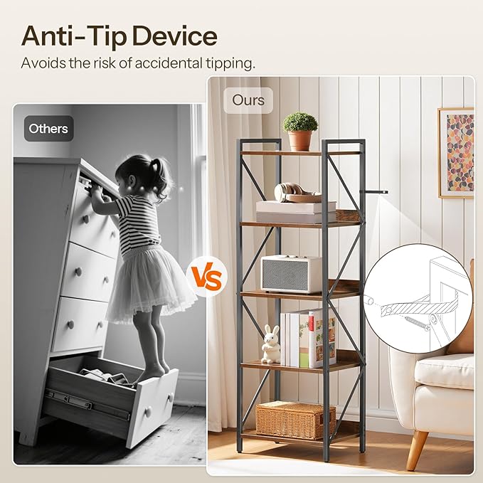 HOOBRO Bookshelf, 5-Tier Industrial Bookcase, Book Shelf Storage Organizer
